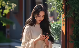 a woman standing with her cellphone next to a tree
