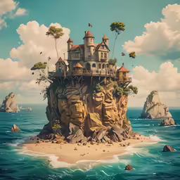 a large castle sits in the middle of an island