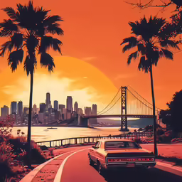 an orange and red photograph of city and the sun