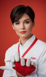 a woman in uniform with a glove that is holding a pair of knives