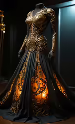 an illuminated dress is seen at night on display
