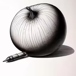 an onion drawing with a pen on top