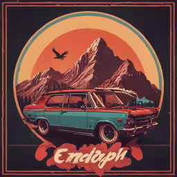 the vintage ford advertisement is featured in an old school style,an old station wagon in the middle of a mountain range
