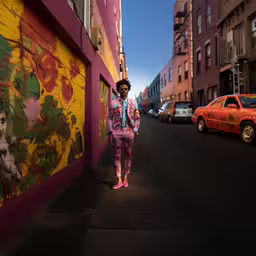 a person standing next to a street with several building and cars,man standing on the sidewalk of a city street