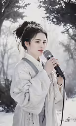 a person wearing a white outfit is holding a microphone