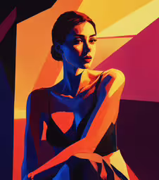 a woman is sitting down and posing in a blue, black and orange dress,a woman wearing blue and red is shown against an orange background