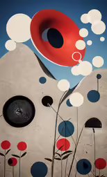 a red, blue and white painting on the wall by a cement structure