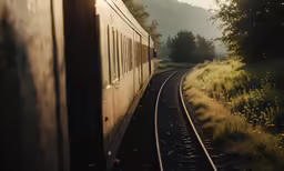 the train is riding down the track near trees
