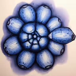a drawing of a blue flower in water
