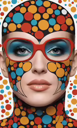a woman with red glasses and a blue face with orange spots