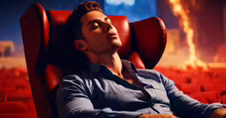 a man in blue shirt and dark jeans sitting on red chair,man looking up while sitting in red chair