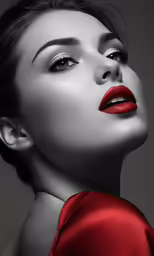 a lady with very high eyebrows and bold red lips