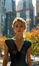 a young woman in a green dress is standing on the sidewalk