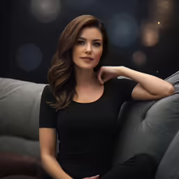 a beautiful woman in a black top sitting on a couch
