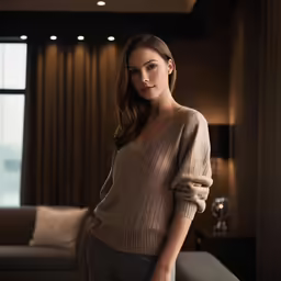 the woman in the tan sweater stands near a couch