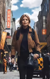 woman walking in a downtown street with a taxi bag