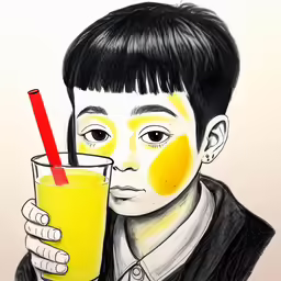 a boy holding a glass and wearing yellow face paint on his cheeks
