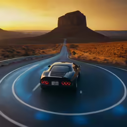 a black car driving down the road near a huge rock
