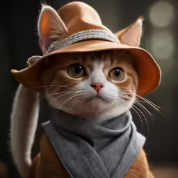 the cat is wearing a scarf and hat