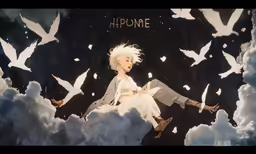 a woman with white hair flying in the air