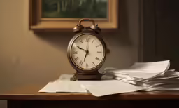 an antique clock sitting on a desk covered with paperwork
