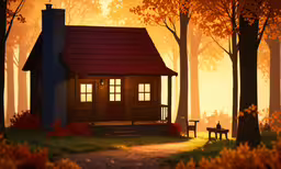 the little cottage is in the middle of the trees,a cabin house sits in the woods as the sun sets