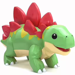 a green toy tritio figure with orange horns,an inflatable toy with red and yellow leaves on its back