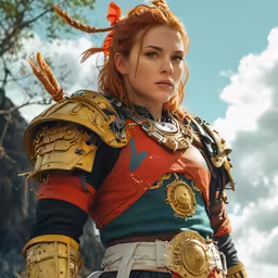 an orange haired girl in a costume looks out at the horizon