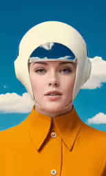 a woman is wearing a yellow shirt with a blue sky behind her