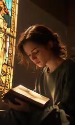 the young girl is reading her book under a stained glass window
