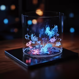 the light is glowing on the table while its inside sits on a tabletop