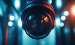 a camera is hanging on the wall with some lights in the background