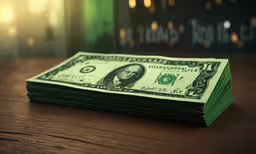 an image of a stack of dollar bills,a stack of ten dollar bills sitting on top of a wooden table