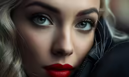 a very beautiful blond woman with blue eyes and black coat