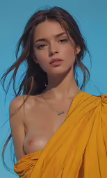 a close - up of a young girl in a draped dress posing for the camera