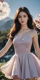 the beautiful chinese girl is posing in a short dress
