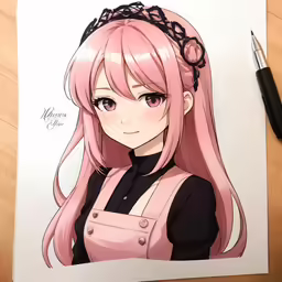 a drawing of a woman with pink hair wearing a black blouse