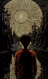 a boy standing in front of an art piece