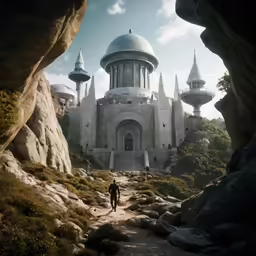 a lone person standing in front of an intricate building