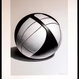 the large white ball is in the shadow of a black and white frame