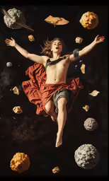 a male model flying on the surface of some space