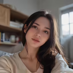 a woman wearing a cream sweater and looking into the distance