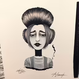 a drawing of a woman with big buns and eyes