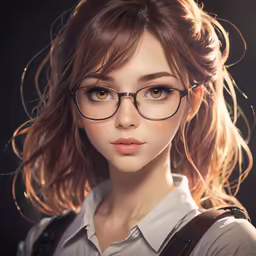 a girl in glasses, dress shirt and shoulder bag