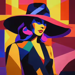 a woman wearing a colorful hat and black dress,woman in a wide brimmed hat on a colorful background