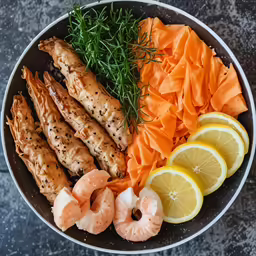 a bowl filled with meat, fruit and vegetables