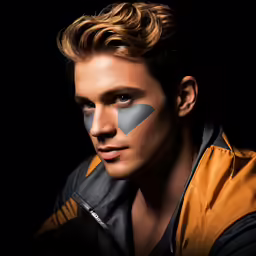a man wearing an orange jacket and a flag painted on his face