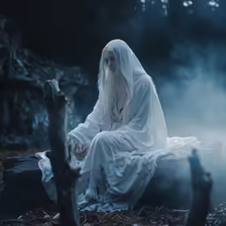 a white woman is sitting on the ground in the woods