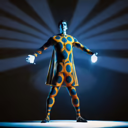 man in circus outfit with blue lights behind him