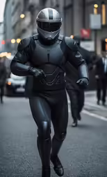 a man in a body suit and helmet walking down the street